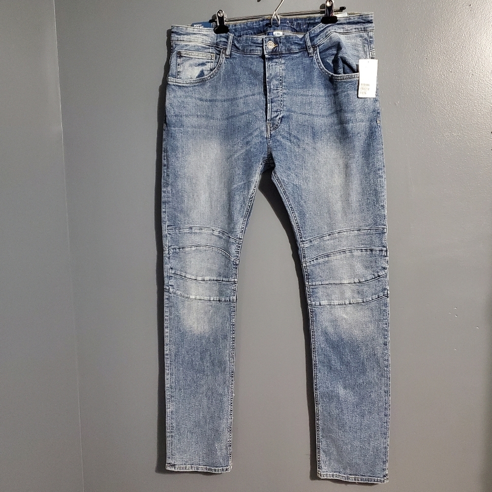 NWT H&M Divided Mens Skinny Blue Jeans Contemporary Ribbed Thigh Size 40/34